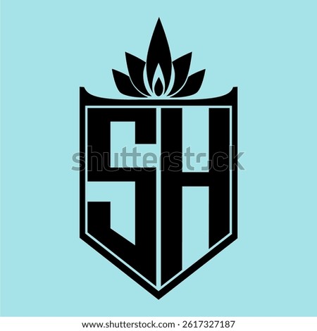 SH Logo featuring a minimalist design with a crown-like flower symbol on top, bold black elements, and a soft blue background, perfect for branding and modern visual identity.