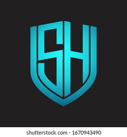 SH Logo monogram with emblem shield design isolated with blue colors on black background