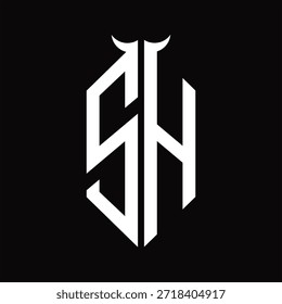 SH Logo monogram with horn shape isolated black and white design template on black background