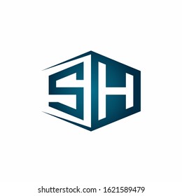 SH monogram logo with hexagon shape and negative space style ribbon design template