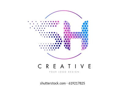 SH S H Pink Magenta Dotted Bubble Letter Logo Design. Dots Lettering Vector Illustration