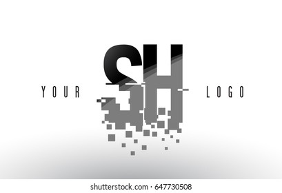 SH S H Pixel Letter Logo with Digital Shattered Black Squares. Creative Letters Vector Illustration.