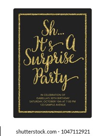 Sh it's Surprise Birthday Party golden  Glitter text and frame black Card . Vector.