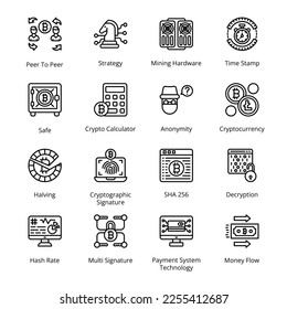 SHA 256, Decryption, Peer To Peer, Strategy, Mining Hardware, Time Stamp, Halving, Cryptographic Signature, Hash Rate, Multi Signature, Outline Icons - Stroked, Vectors