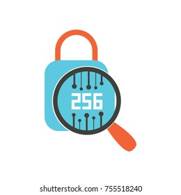 SHA-256 secure hash algorithm flat icon. Cryptographic password hashing vector illustration. Padlock with magnifier and number 256, data protection concept.