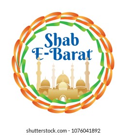 Shab e-Barat emblem or sign with indian flag or ribbon and mosque. Religious culture Muslims holiday. Isolated on white. Perfect to use in advertising or web design and others creative projects