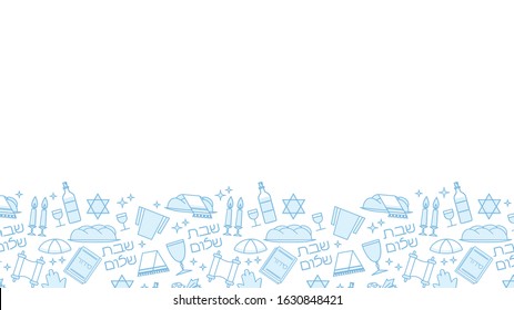 Shabbat blue background with copy space. Star of David, candles, kiddush cup and challah. Hebrew text "Shabbat Shalom". Vector illustration.