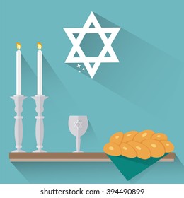 Shabbat candles, kiddush cup and challah in flat style.