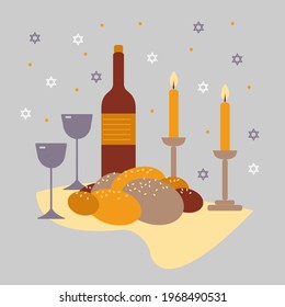 Shabbat concept. Challah bread, shabbat wine, candles, stars of David. Traditional Jewish Shabbat ritual. Shabbat Shalom. Vector illustration.