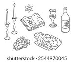 Shabbat hand drawn contour doodle set with traditional items. Monochrome vector outline composition with Torah, candles and bread to Jewish holiday isolated on white background