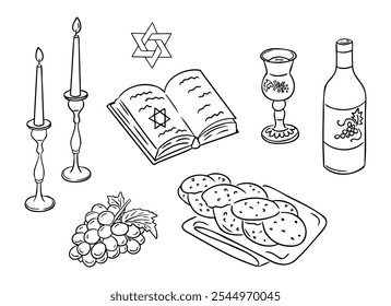 Shabbat mão desenhado contorno doodle set com itens tradicionais. Composição de contorno de vetor monocromático com Torá, velas e pão para feriado judaico isolado no fundo branco