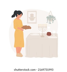 Shabbat isolated cartoon vector illustration. Young Jewish girl serving bread for Shabbat celebration at the table, cooking meal, Judaism religious festivals, holy days at home vector cartoon.