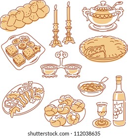 Shabbat Jewish Traditional Table Service Vector Illustration