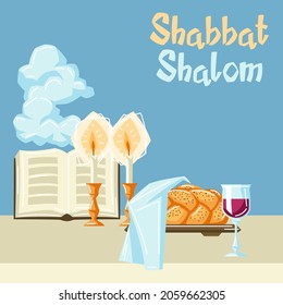 Fondo de Shabbat Shalom con objetos religiosos. Antecedentes con símbolos judíos. Ilustración conceptual del judaísmo.