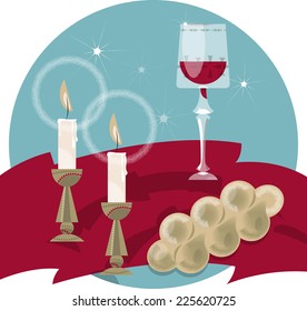 Shabbat Shalom. Candles, Kiddush Cup And Challah. Vector Illustration