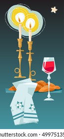 Shabbat shalom. Candles, kiddush cup and challah. Jewish Holiday. Vector illustration