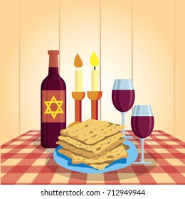 Shabbat shalom. Candles, kiddush cup and matzo. Religious traditions. Judaism Vector illustration