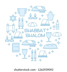 Shabbat Shalom card with Star of David, candles, kiddush cup and challah. Line art style. Hebrew text "Shabbat Shalom". Vector illustration. Isolated on white.