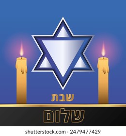  Shabat Shalom concepto. Vector, estrella judía con velas, estrella de David, tradición.