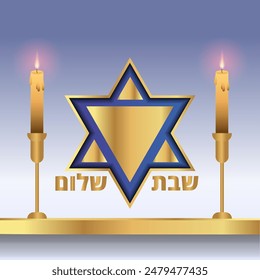  Shabat Shalom concepto. Vector, estrella judía con velas, estrella de David, tradición.