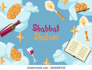 Shabbat Shalom frame with religious objects. Background with Jewish symbols. Judaism concept illustration.