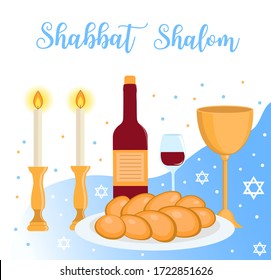 Shabbat Shalom greeting card, jewish symbols set. Judaism concept. Isolated on white background