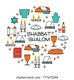 Shabbat shalom greeting card. Star of David, candles, kiddush cup and challah. Vector illustration. Isolated on white.