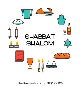 Shabbat shalom greeting card. Star of David, candles, kiddush cup and challah. Vector illustration. Isolated on white.