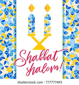 Shabbat shalom greeting card, vector illustration. Two burning shabbat candles and text Shabbat shalom. Jewish religious Sabbath congratulations in Hebrew. Minimal geometric mosaic background.