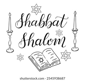 Shabbat Shalom mão desenhou cartão de saudação com caligrafia. Vetor monocromático esboça composição com Torá, velas e estrelas de David para feriado judeu isolado no fundo branco