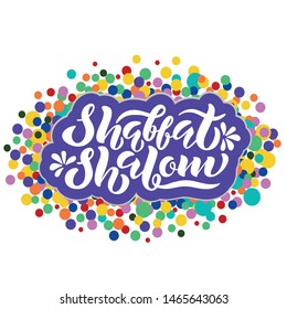 Shabbat shalom hand lettering illustration. Colorful typography banner. Handwritten phrase in Hebrew. Congratulations card. Typographical design element for jewish holiday shabbat. Vector EPS10