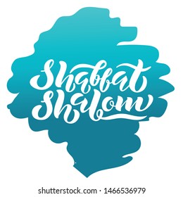 Shabbat shalom hand lettering illustration. Abstract blue background. Handwritten phrase in Hebrew. Congratulations card. Typographical design element for jewish holiday shabbat. Vector EPS10