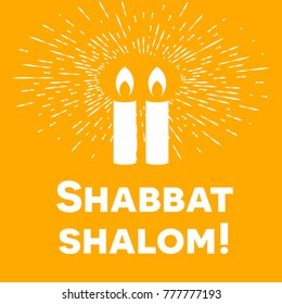 Shabbat shalom lettering, greeting card, vector illustration. Two burning shabbat candles and bokeh background. Jewish religious Sabbath congratulations in Hebrew.
