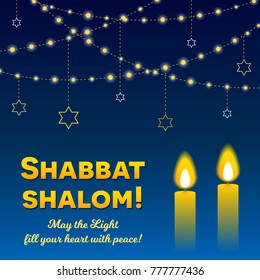 Shabbat shalom lettering, greeting card, vector illustration. Two burning shabbat candles and bokeh background. Jewish religious Sabbath congratulations in Hebrew.