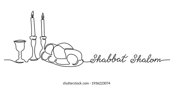 Shabbat Shalom, peaceful sabbath, simple vector poster, banner, background with challah, candle and wine. Shabbat Shalom lettering