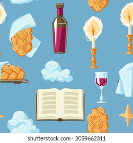 Shabbat Shalom seamless pattern with religious objects. Background with Jewish symbols.
