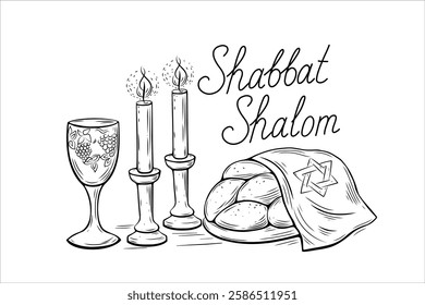 Shabbat Shalom vector illustration. Erev Shabbat with family. Challah and candles