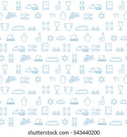 Shabbat symbols seamless pattern. Thin line background. Hebrew text "Shabat Shalom". Vector illustration