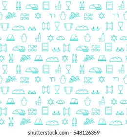 Shabbat symbols seamless pattern. Thin line background. Hebrew text "Shabbat Shalom". Vector illustration