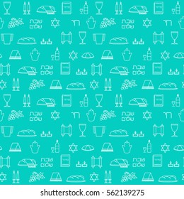 Shabbat symbols seamless pattern. Thin line background. Hebrew text "Shabat Shalom". Vector illustration