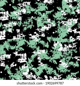 Patrón abstracto de Shabby sin fisuras sobre fondo negro. Textura vectorial de camuflaje granulado.