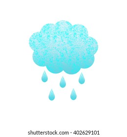Shabby blue colored cloud and rain drops isolated on white background. Logo template, design element
