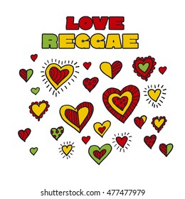 shabby boho style hearts reggae color music background. Jamaica poster vector illustration