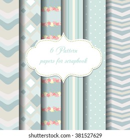 shabby chic. 6 seamless patterns. beige and blue color. roses