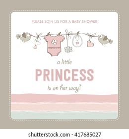 shabby chic baby girl shower card, vector illustration