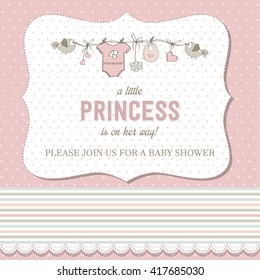 shabby chic baby girl shower card, vector illustration