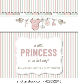 Shabby Chic Baby Girl Shower Card, Vector Illustration