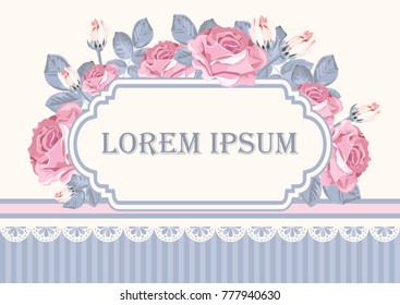 Shabby chic background, roses with lorem isum sample text in vintage frame. Floral card template. Vector illustartion.