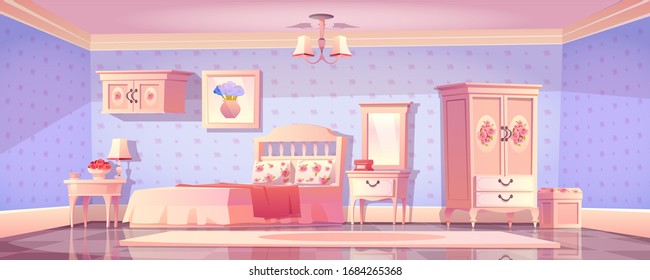 Shabby chic bedroom interior, empty vintage room with elegant retro furniture, mirror, bed, cupboard, floral pattern decoration. Feminine design for girl, classic style. Cartoon vector illustration