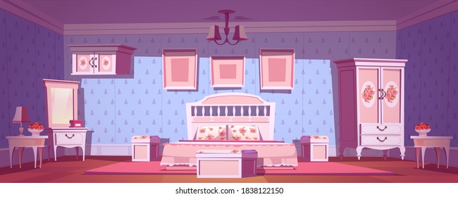 Shabby chic bedroom interior, empty vintage room with elegant retro furniture, mirror, bed, cupboard, floral pattern decoration. Classic style feminine design for girl, Cartoon vector illustration